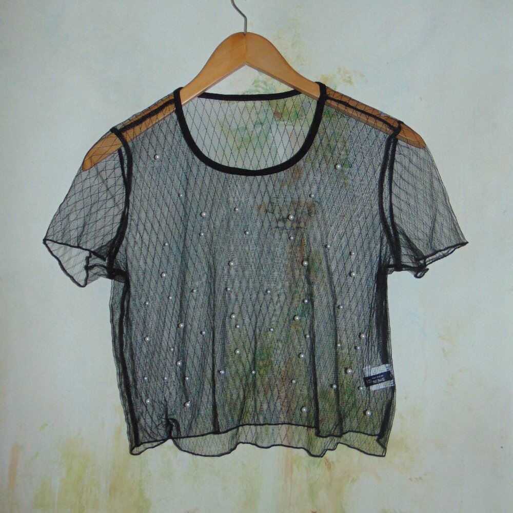 Shein Black Nylon Net Mesh With Faux Pearl Accents Sheer Crop Top Blouse Sz S